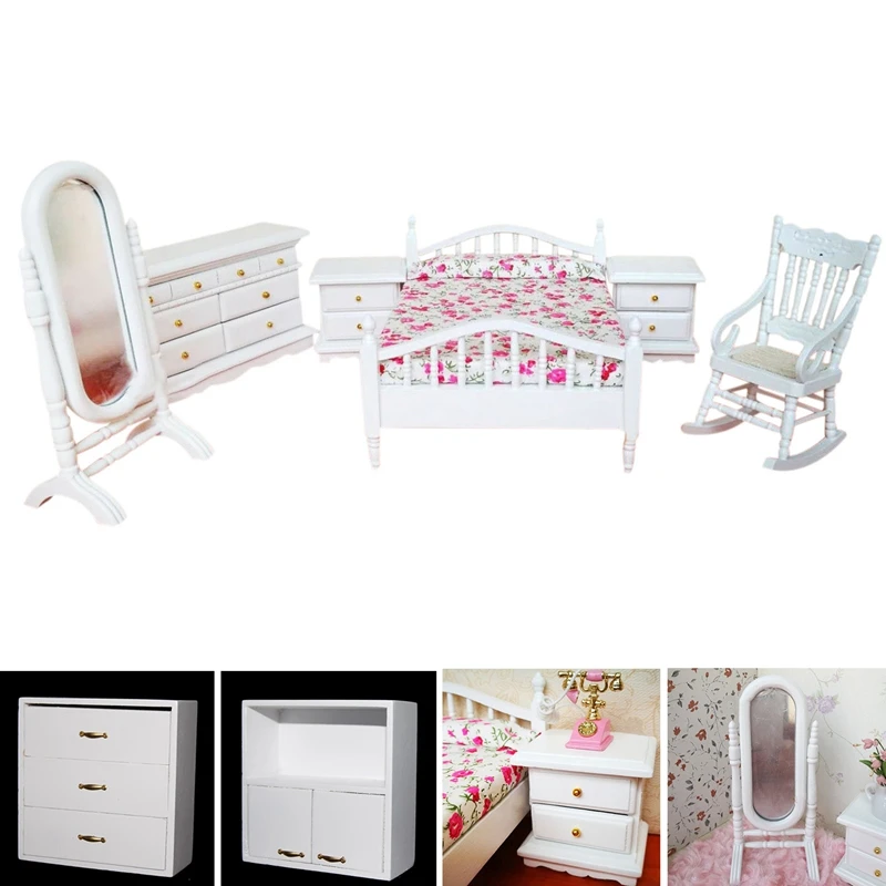 

Hot 2 Set Dollhouse Furniture Set:1 Set 1/12 Living Room Wooden Shelf Combination Cupboard White & 1 Set 6 PCS Bed Rocking Chair