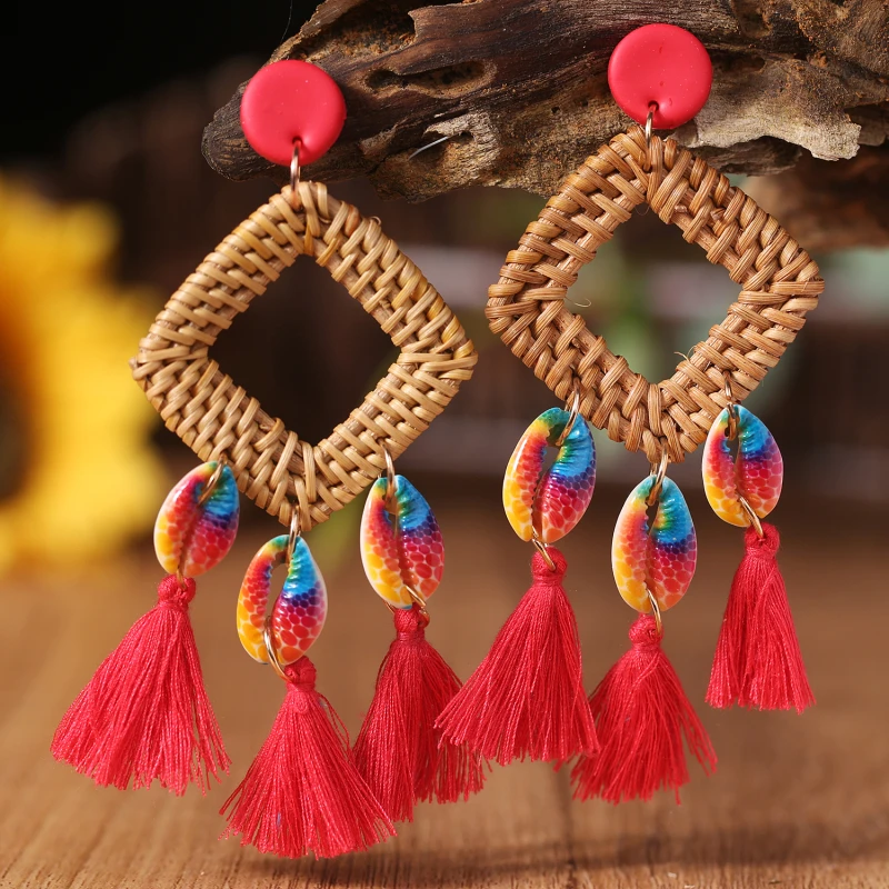 Rattan Tassel Earring Tie-dyed Shell Hohemian Handmade Casual Holiday Weave Wooden Geometric Unique Trendy Earrings for Women | Украшения и