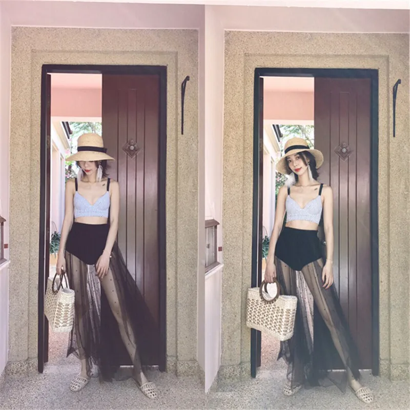 

Thailand Online Celebrity Bikini Polka Dot Bandage Cloth Retro Gauze Long Skirts High-waisted Push up Slimming Elegant Two-piece
