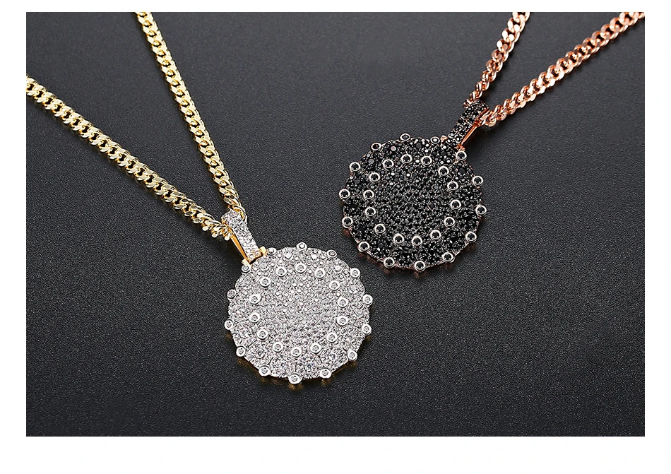 JINSE Циркон кластер медальон золотой круглый кулон ожерелье цепь Шарм Черный Bling Iced CZ для мужчин женщин хип хоп ювелирные изделия для подарка