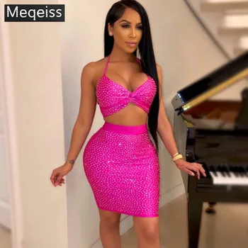 

Crystal Embellished Skirt Set 2 Piece Sexy V Neck Sequin Crop Top High Waist Set Special Occasion Outfits Club Party Women's Set