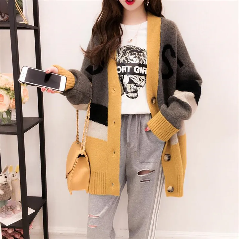 ^Cheap Autumn and winter thick sweater cardigan female 2019 loose letter stripe solid color long-sleeved shirt jacket