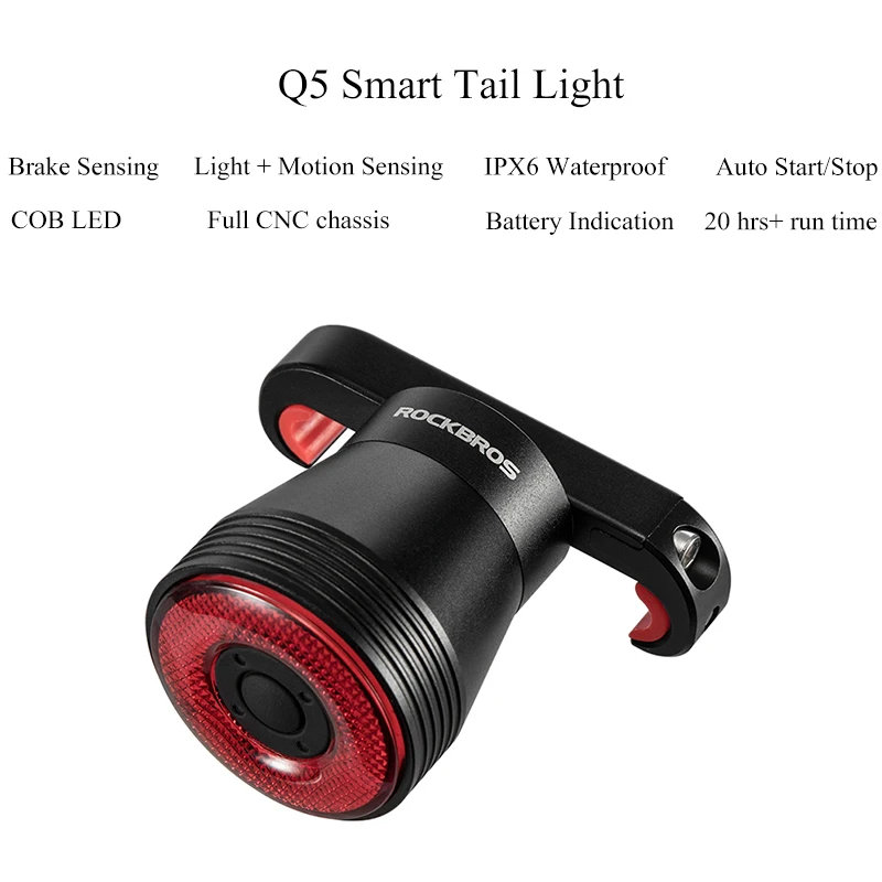 ROCKBROS умный велосипедный задний светильник: USB Перезаряжаемый ультра яркий тормозной зондирующий велосипедный IPX6 задний фонарь, мигающий светильник, красный светильник