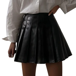 Saia de couro de fecho de zíper feminino, saia plissada de cintura alta de cor sólida para primavera/outono, preto/marrom