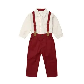 

0-24M Fashion 2Pcs Infant Baby Boys Clothes Tops Striped Shirt Bib Pants Gentleman Xmas Outfit Fall Autumn Set