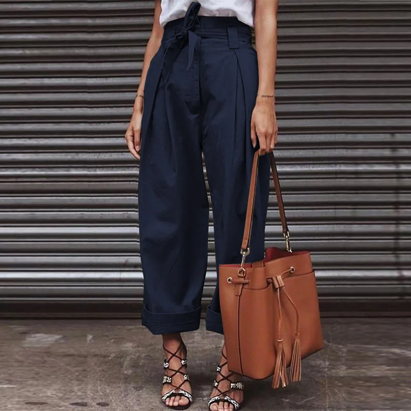 Женские брюки с высокой талией размера плюс, ZANZEA,, модные женские широкие брюки на молнии, шикарные брюки для работы, уличная одежда - Цвет: Синий