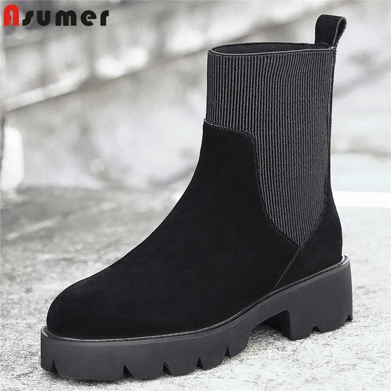 

ASUMER 2020 new arrival ankle boots women suede leather autumn winter short boots slip on low heels platform shoes ladies