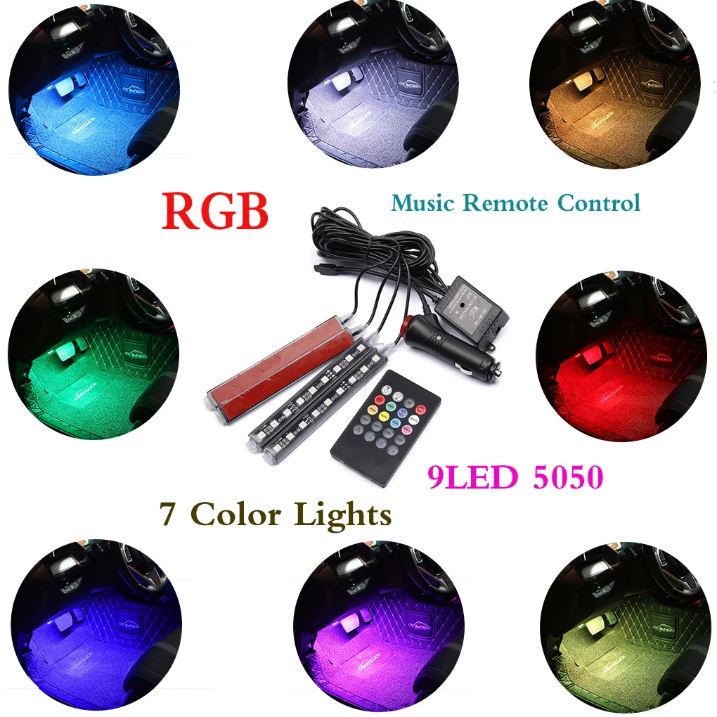 4 шт./компл. RGB 7 цветов 9SMD 5050 светодиодный неоновая лента атмосферный свет музыка дистанционное управление салона автомобиля модные украшения
