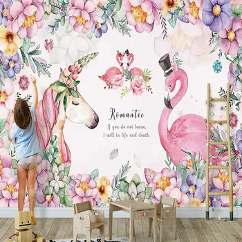 

Custom large mural 3D wallpaper Nordic cartoon pink unicorn flamingo flowers girl mural TV back wall decor deep 5D embossed