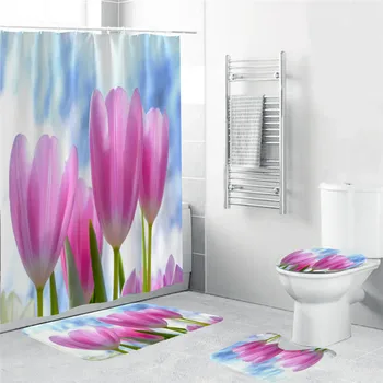 

Flower Shower Curtains Tulip Rose Floral Plant Butterfly Spring Scenery Home Bathroom Decor Polyester Fabric Bathtub Curtain Set