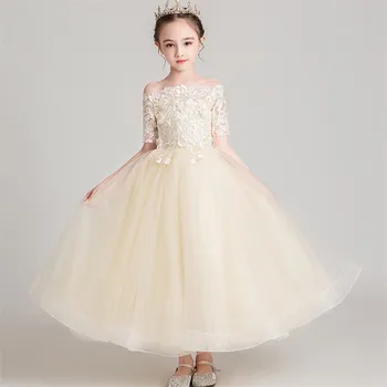 

Children Teenagers Fashion Champagne Color Handmade Florals Birthday Wedding Party Princess Long Dress Kids Girls Host Dress