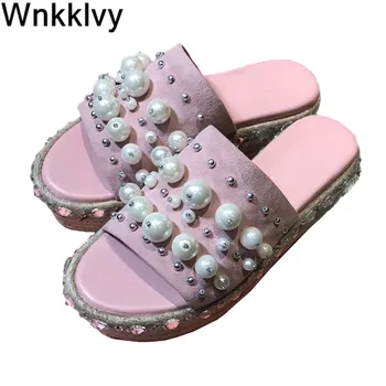 

Summer Hemp rope Slippers Women Flipflops crystal pearled string bead rivet decor Lazy Mullers platform wedge high heel sandals