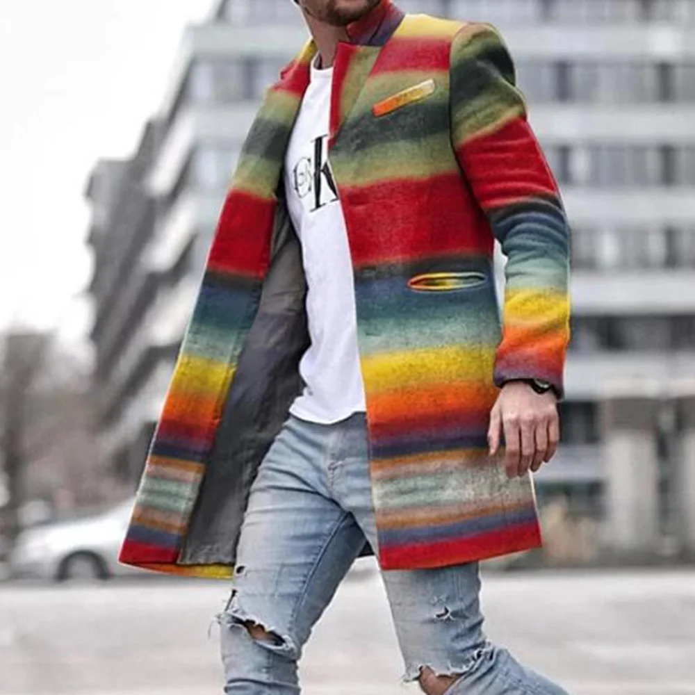 

Rainbow Colors Wool Blends European Fashion Colorful Striped Plus Size Men's Winter Coat Spring Outwerar Causal Ovrcoat S-3XL