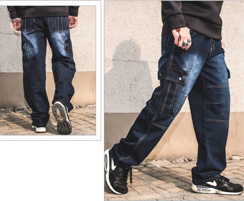 Mcikkny Fashion Men's Cargo Jean Pants With Multi-pockets Loose Style Motorcycle Denim Trousers For Male Washed Size 29-44 (17)