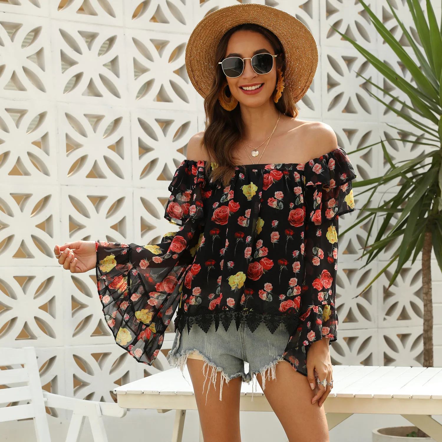 

Casual Floral Printed Blouse Women Off Shoulder Slash Neck Full Flare Sleeve See-Through Summer Clothes Tops Camisas Mujer 2020