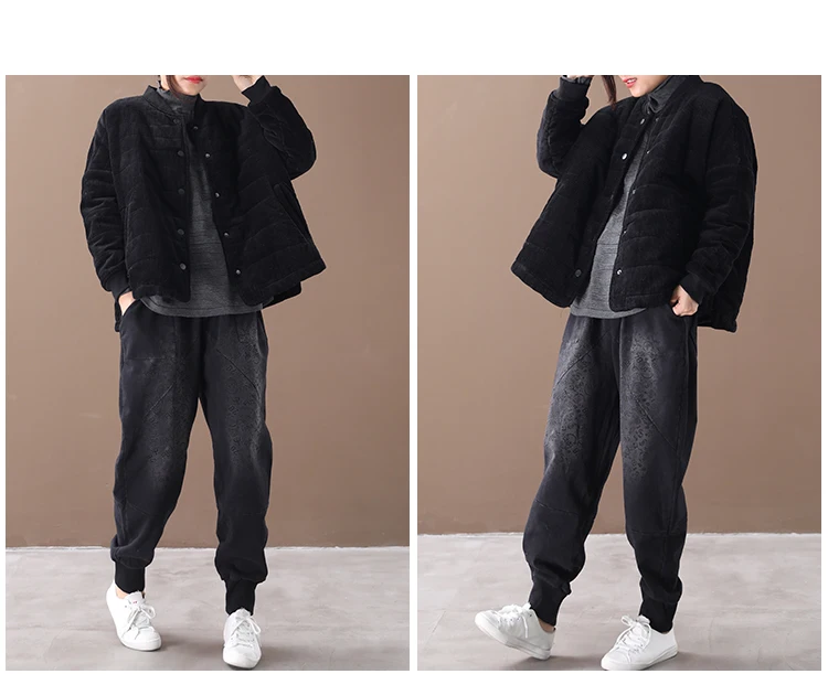 Qi Juan Draw Winter 19 New Style Loose And Plus-sized Literature And Art ya raysteak Slit-Corduroy Short Cotton Overcoat