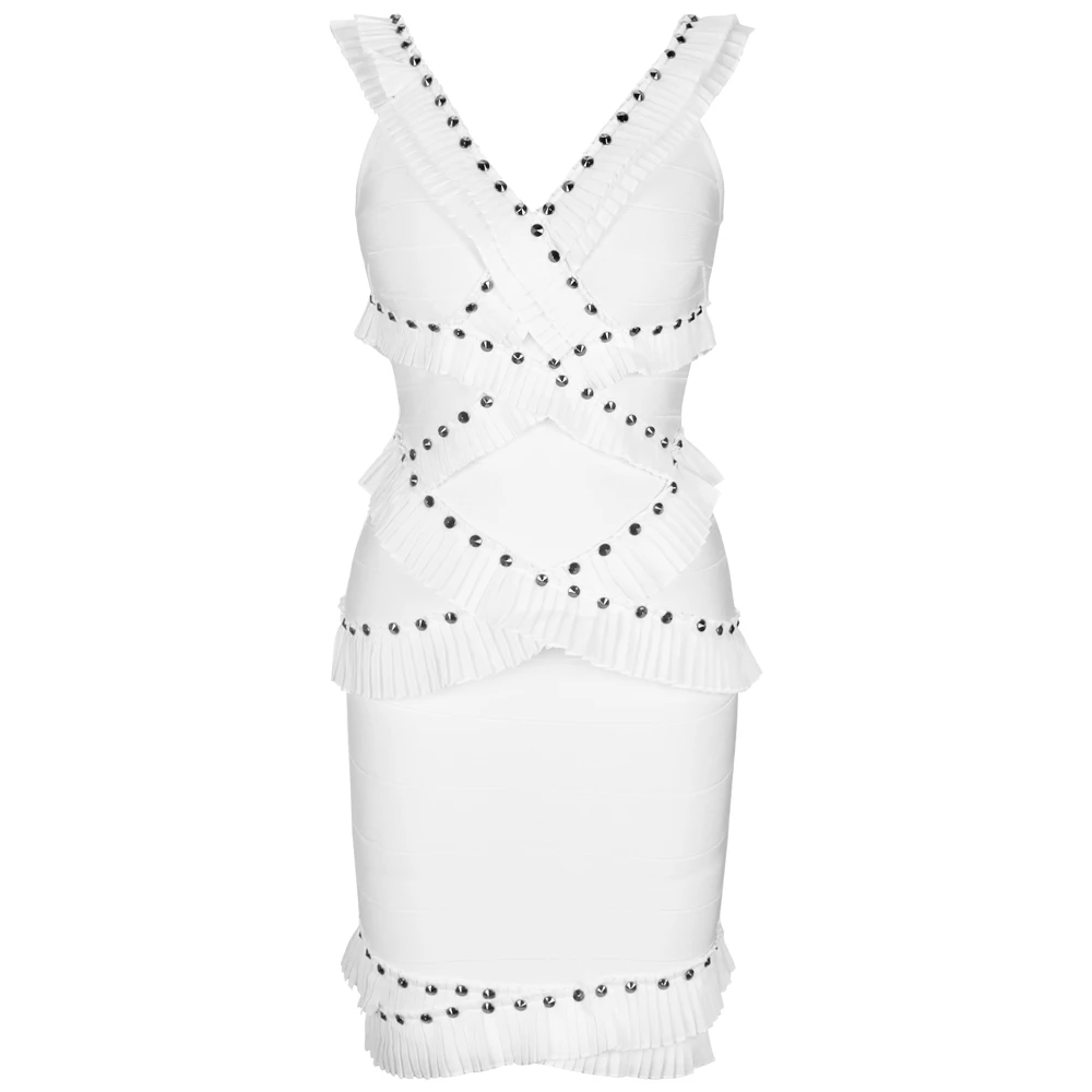 Ocstrade белый V шеи без рукавов Мини металлическая повязка со стразами платье H0231-White