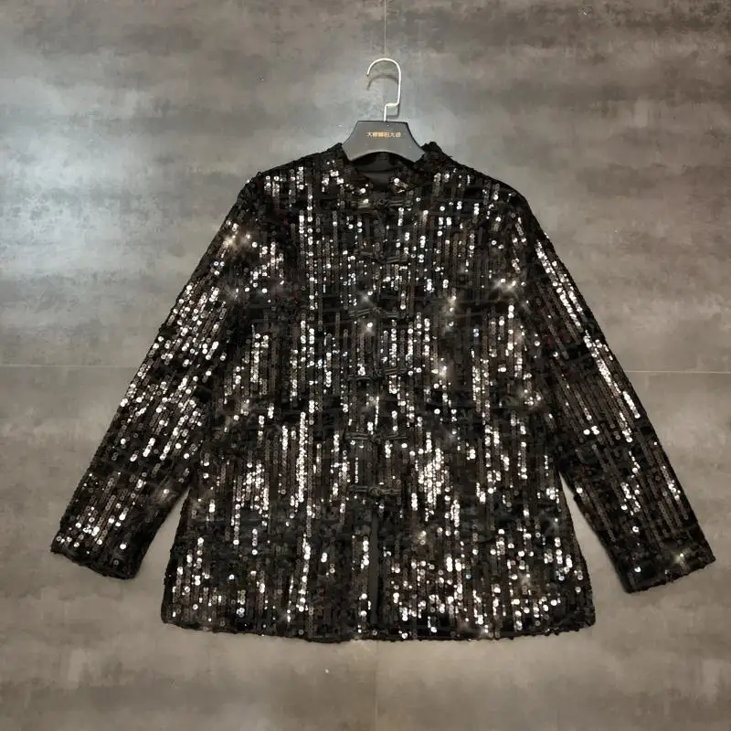 

2019 autumn new full body sequins Chinese wind button long sleeve stand collar short coat