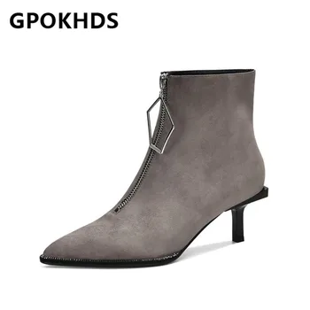 

GPOKHDS 2021 women Ankle boots Winter short plush Pointed Toe Metal Decoration Zipper High heels female boots size 39