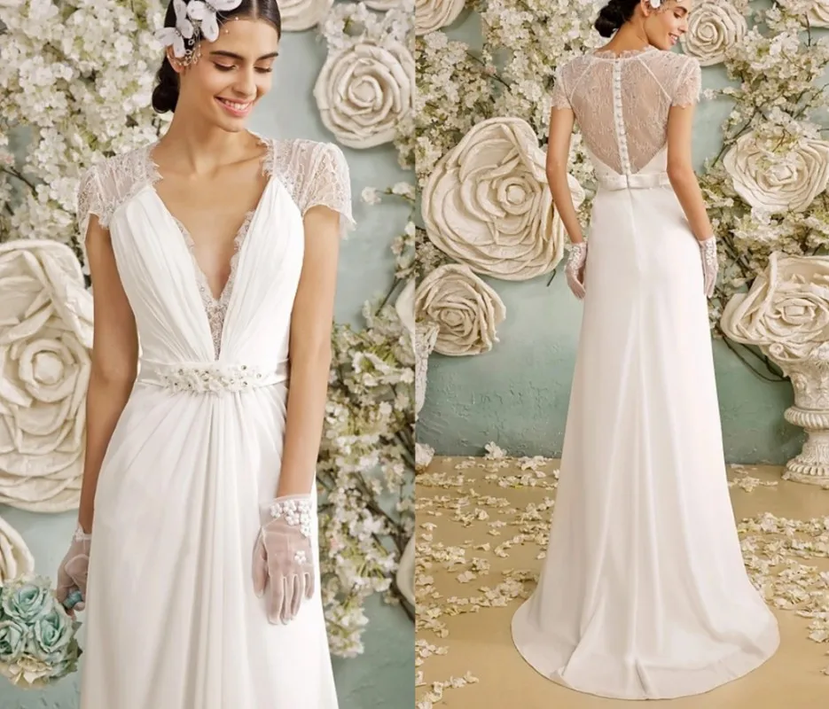 

Винтажное прозрачное свадебное платье с V-образным вырезом, шифоновое прозрачное кружевное свадебное платье со шлейфом и коротким рукавом, свадебные платья, наряды, Noiva Robe De Mairee