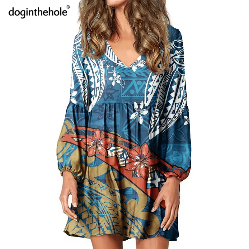 

Doginthehole Samoa Tribal Pattern Women's Stylish Ruffle Dress V-Neck Long Sleeve Casual Loose Swing Tunic Tops Female Clothing