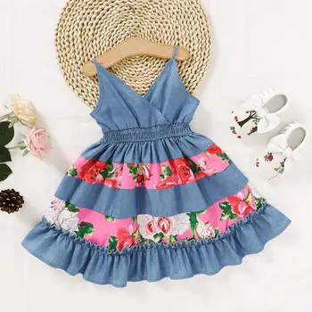 

Micol Emilly Denim Girls Dress Printed Floral Dresses Kids Summer Lovely Fashion Slip Dress for 2-6 Years Old