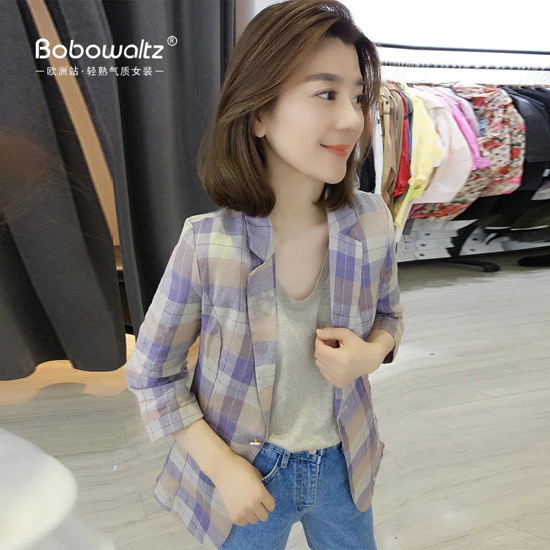 

BOBOWALTZ Autumn Clothing Ozhouzhan 2019 New Style Fashion Mid-length Casual Plaid Small Suit Cropped Jacket