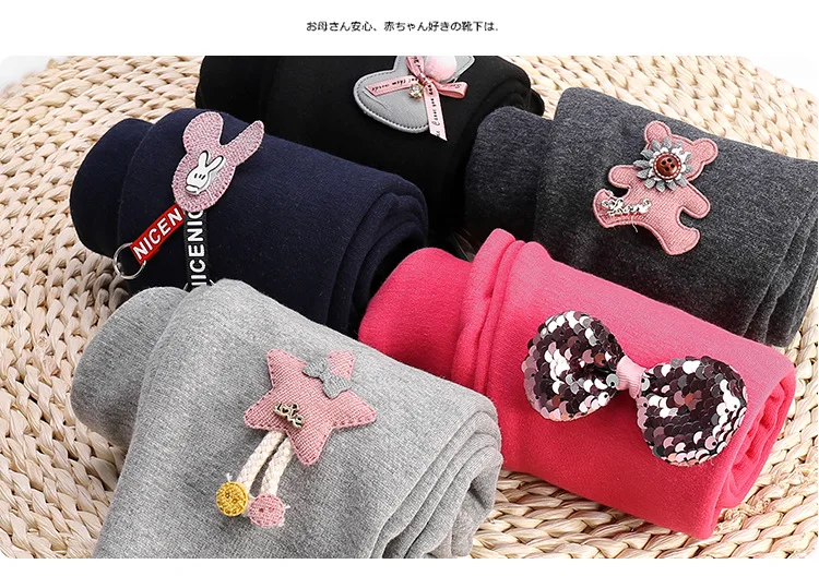 Kids Skinny Pencil Pants Girls Winter Cute Cartoon Bowknot Leggings Children Thick Warm Clothing Fall Bottoms Spring Trousers