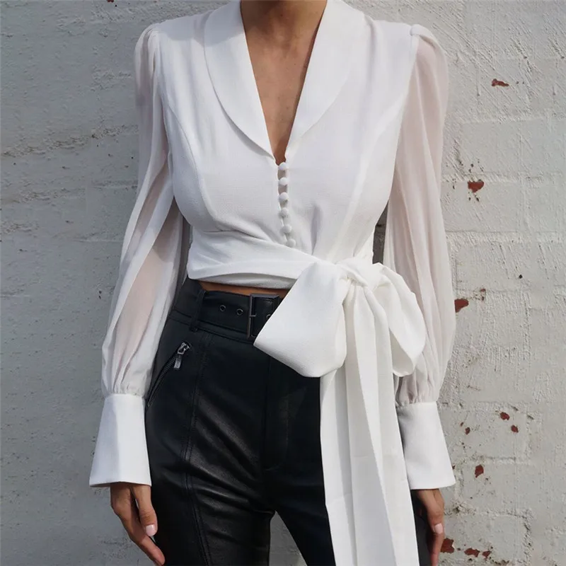 

Elegant white blouse women shirts 2019 autumn solid button up blouse tops lace up lanten sleeve short tops blusas female