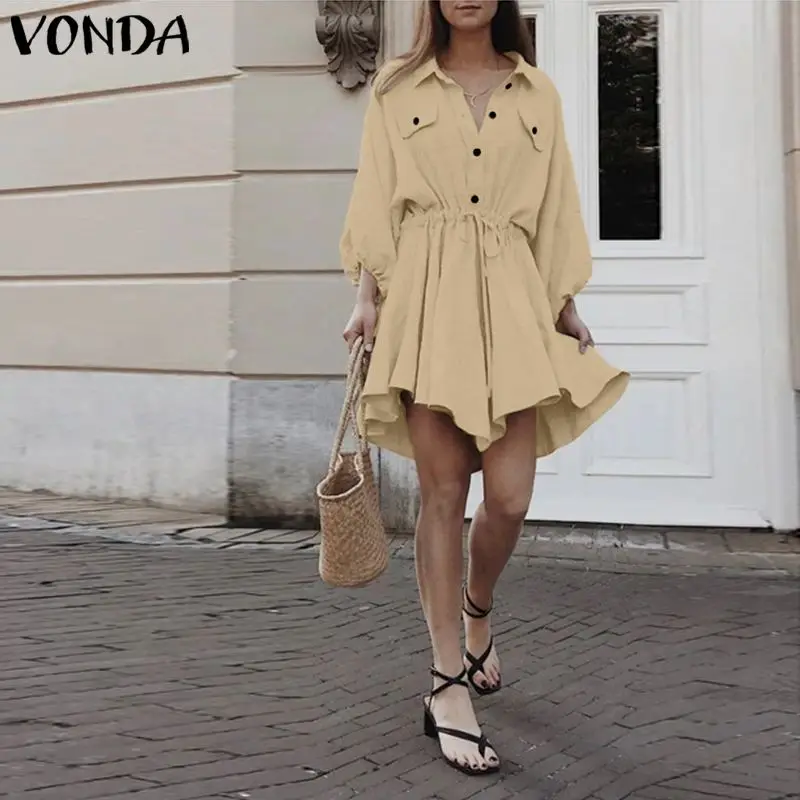 VONDA, женское платье, повседневное, свободное, длинный рукав, отложной воротник, мини платье,, осень, длинный рукав, рубашки, офисный сарафан размера плюс
