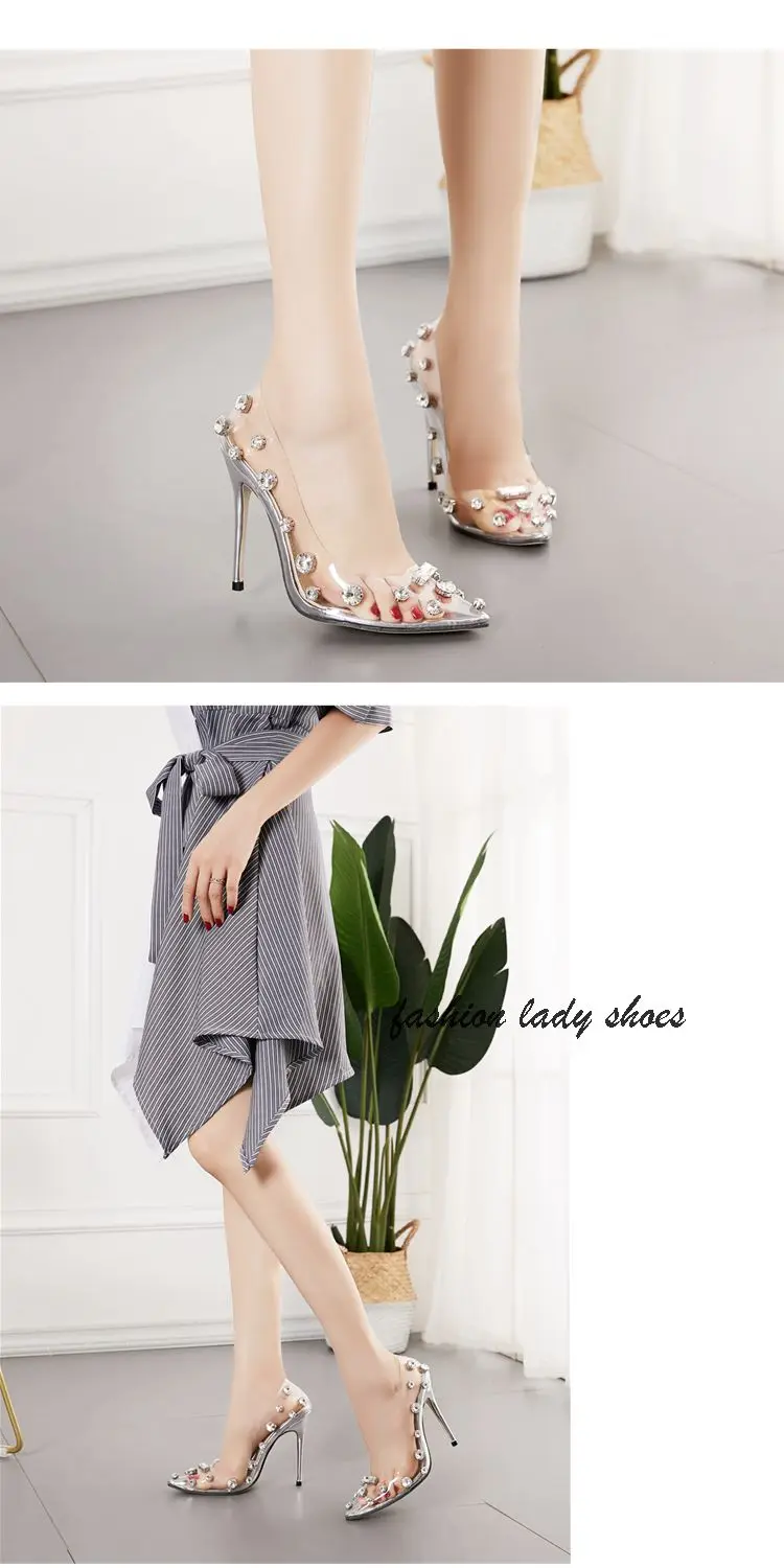 Aneikeh Sexy PVC Women Heeled Sandals Rivet Super High Heels 11CM Peep Toe Dress Lady Thin High Heel Pumps Sandals Shoes 41 42