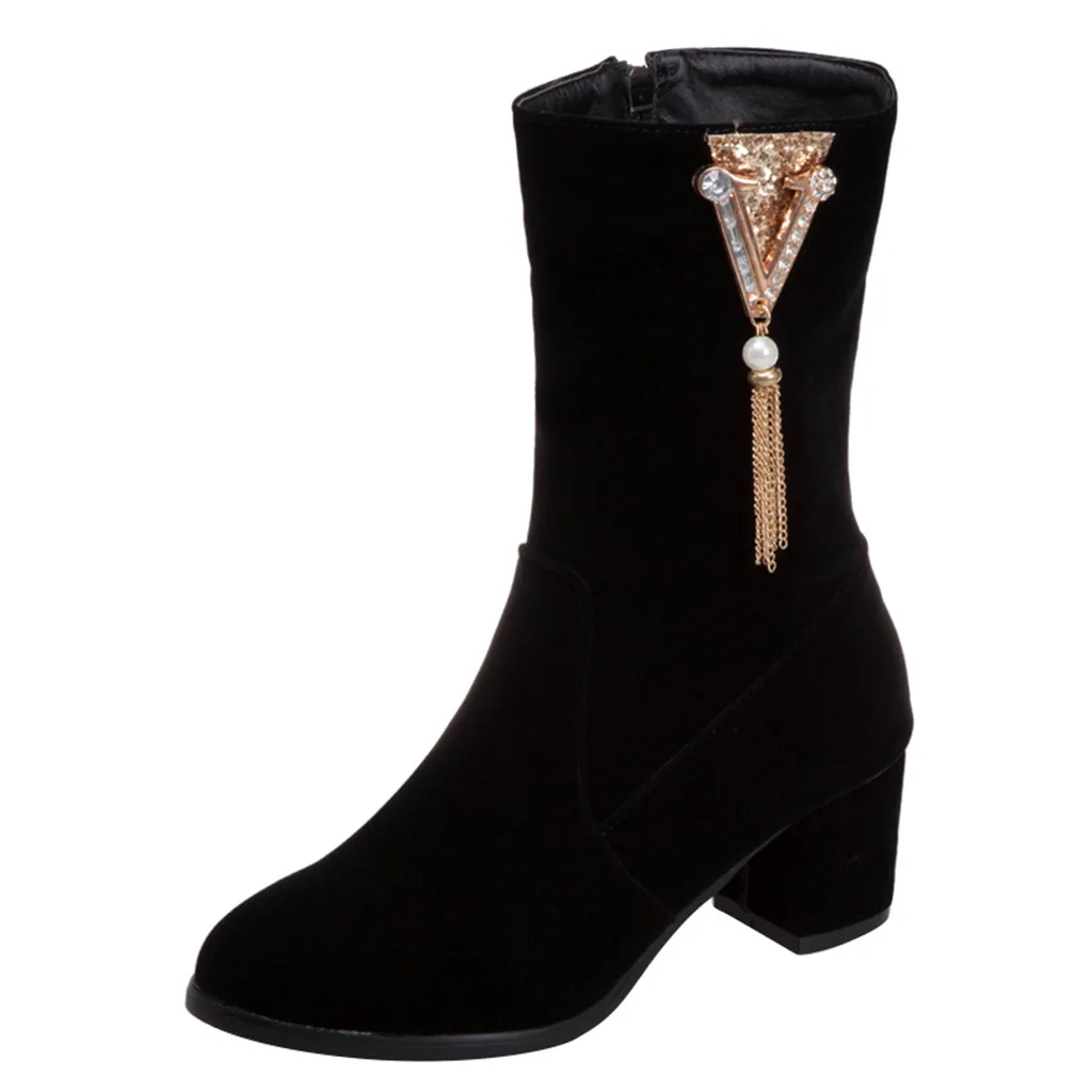Crystal Tassel boots women Fashion Pointed Thick Heel Waterproof Platform Booties Autumn Winter Ladies Shoes bota feminina