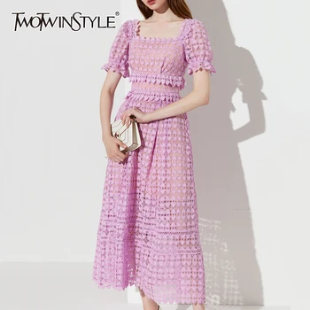 

TWOTWINSTYLE Casual Hollow Out Dress Women Square Collar Lantern Short Sleeve High Waist Midi Dresses Female Fashion Clothes New