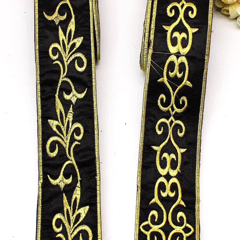 6 Yds Gold Embroidered Lace Black Braid Iron on Band Lace Ribbon Metallic Belt Gold and Silver Trims 5cm