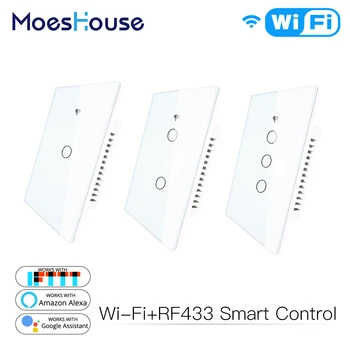 

WiFi Smart Wall Light Switch Glass Panel RF433&Wi-Fi Smart Life Tuya APP Remote Control Works With Alexa Google Home 1/2/3 Gang