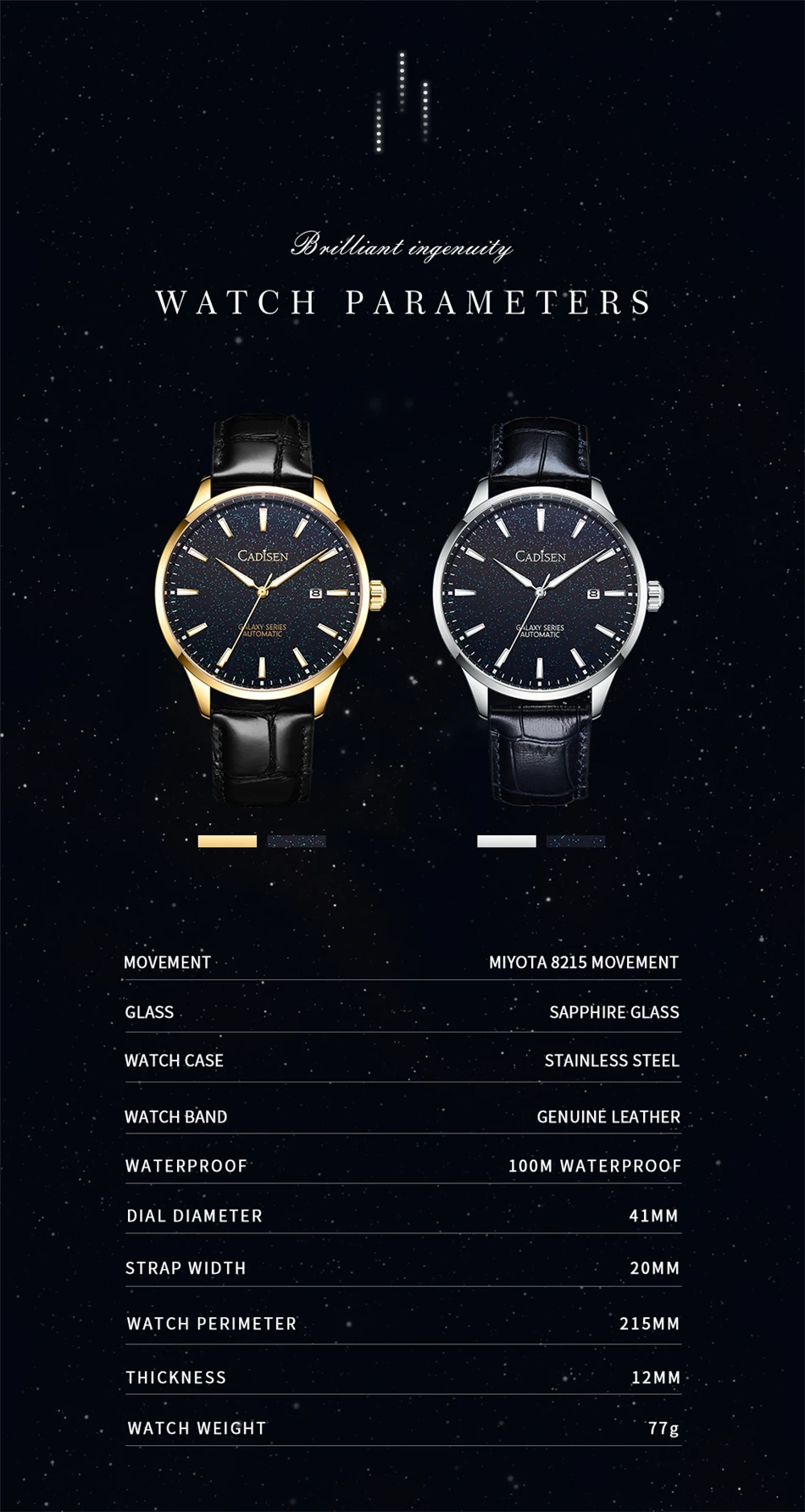 CADISEN New Pilot Series Men's Watch Luxury Sapphire Glass 100M Waterproof Automatic Watch Stainless Steel Mechanical Wristwatch