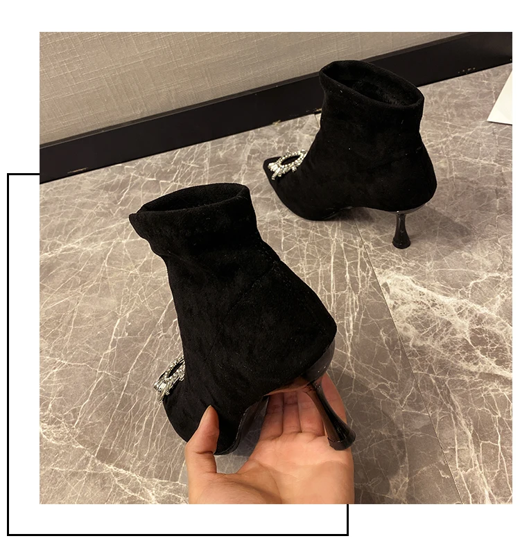 Черные носки из флока с большими кристаллами; сапоги на тонком высоком каблуке; растягивающиеся короткие ботильоны; bottes femme; Модные слипоны с острым носком; обувь «Челси»; botines