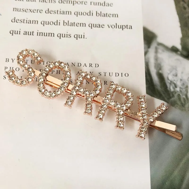SORRY Rose Gold 1 шт., заколки для волос с кристаллами и буквами, стразы, заколки для волос, заколки для волос, инструменты для укладки волос, аксессуары, ювелирный подарок - Цвет: SORRY Rose Gold