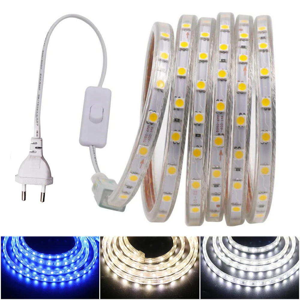 

AC 220V LED Strip 5050 60LEDs/m Flexible LED Light Outdoor Waterproof LED Strip Light with EU Switch Plug Outdoor Home Decor