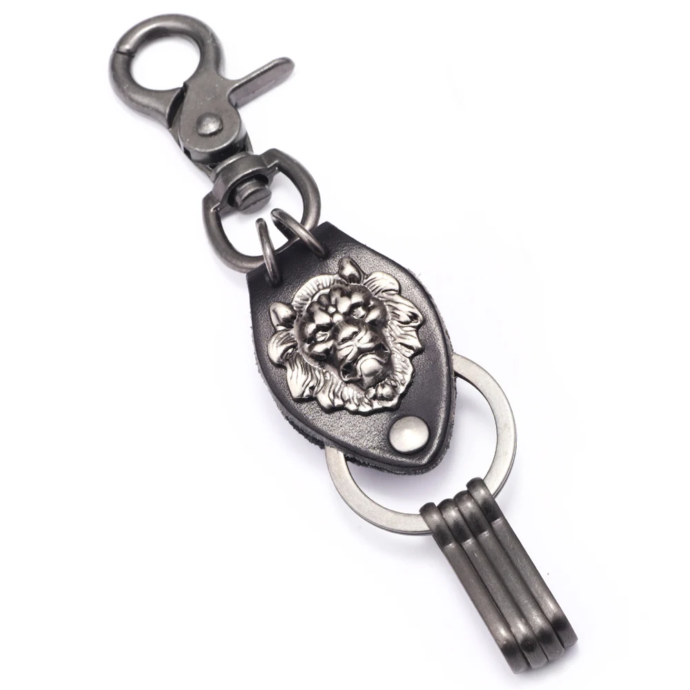 

Creative Pattern Leather Rope hand-woven Keychain Metal Keychain Domineering Lion Shape Key Ring Car Pendant Accessories Unisex
