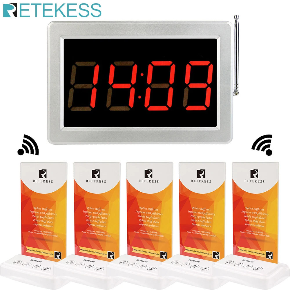 

Retekess Restaurant Pager Wireless Calling System 5 Transmitter Button Table Card + 1 Receiver Host Waiter Calling Service Cafe
