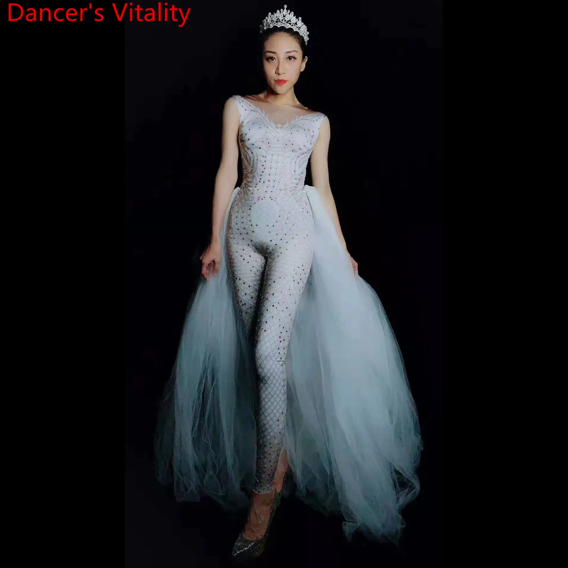 Bar Modern Singer Car Model DJ Pole Jazz Dancing Party White Diamond Long Leotard Mullet Skirt Stage Wear Adult Evening Dress |