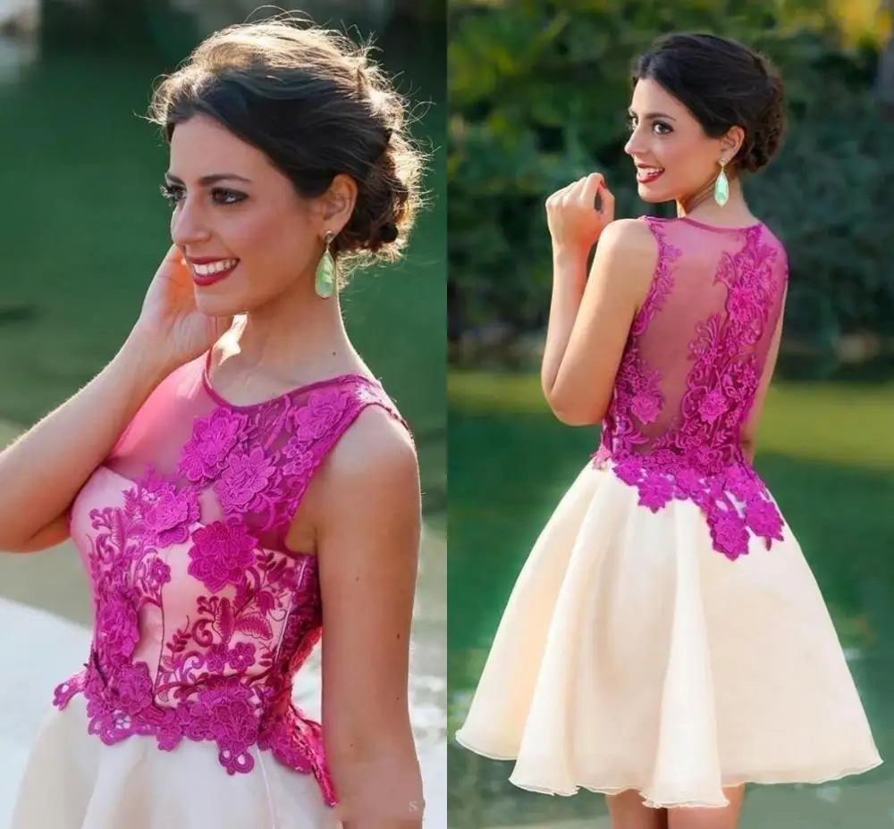 

Cheap 2020 Short Homecoming Party Dress Lace Applique Illusion Back Homecoming Dresses Formal Dresses Short Prom Dresses