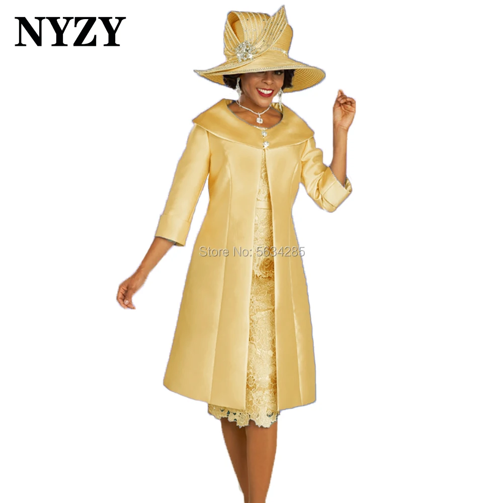 

Yellow 2 Piece Mother of the Bride Groom Lace Dresses with Jacket Coat 2020 NYZY M336F Wedding Party Dress Cocktail Church Suits