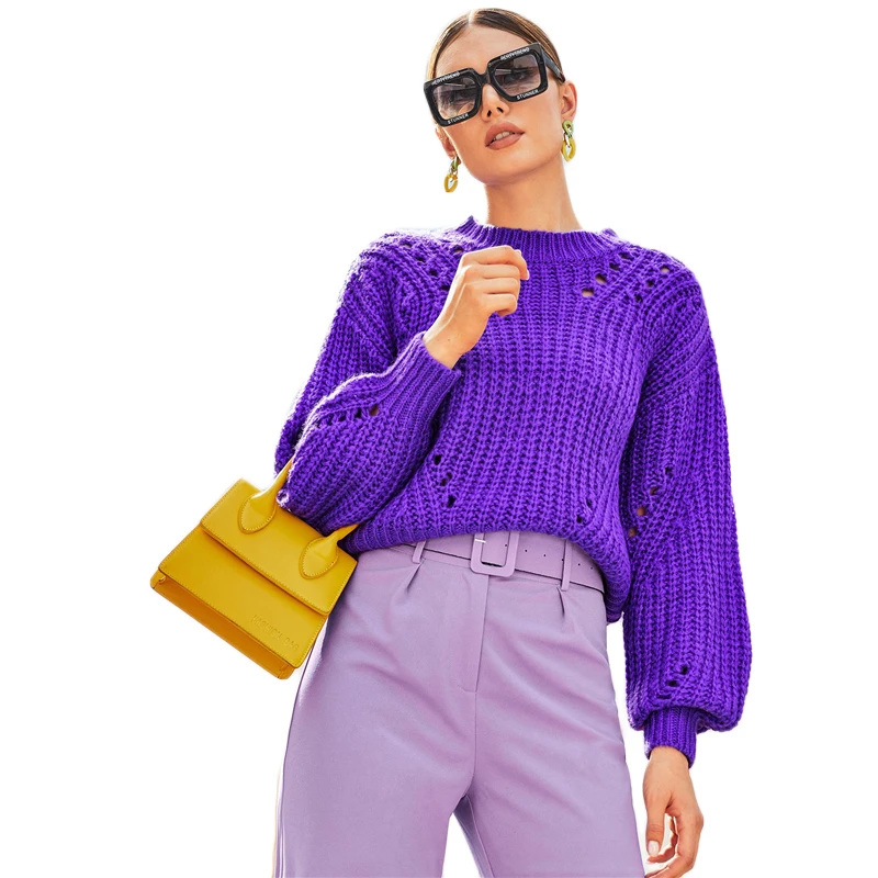 SHEIN, фиолетовый вязаный свитер с заниженным плечом, женские топы, Осень-зима, одноцветные, с рукавом Бишоп, с круглым вырезом, Повседневные свитера