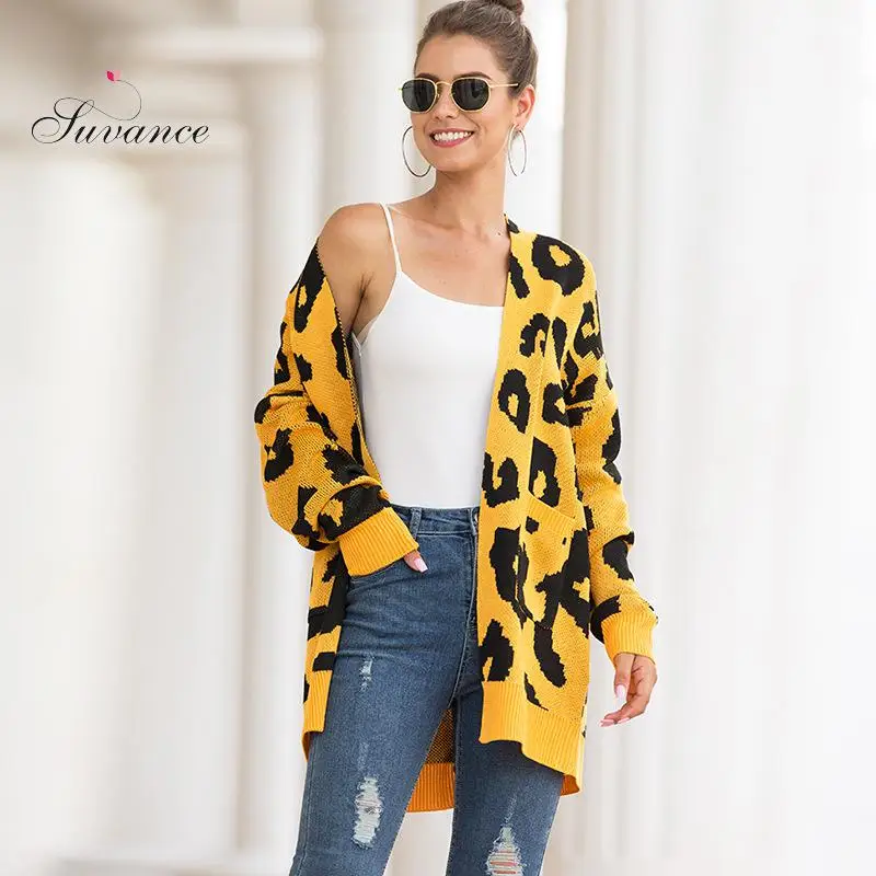 

2019 Autumn Winter Fashion Knitted 6 Color Leopard Print Sweater Patchwork Loose Size S-xl Women Long Cardigans Jl-mm6333