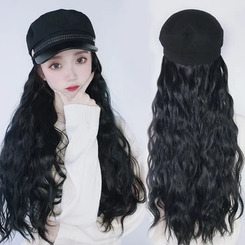 

XG Long Kinky Curly Black Cap Wig All-in-one Female Navy hair Extensions Hat Hairpiece Synthetic Heat Resistant