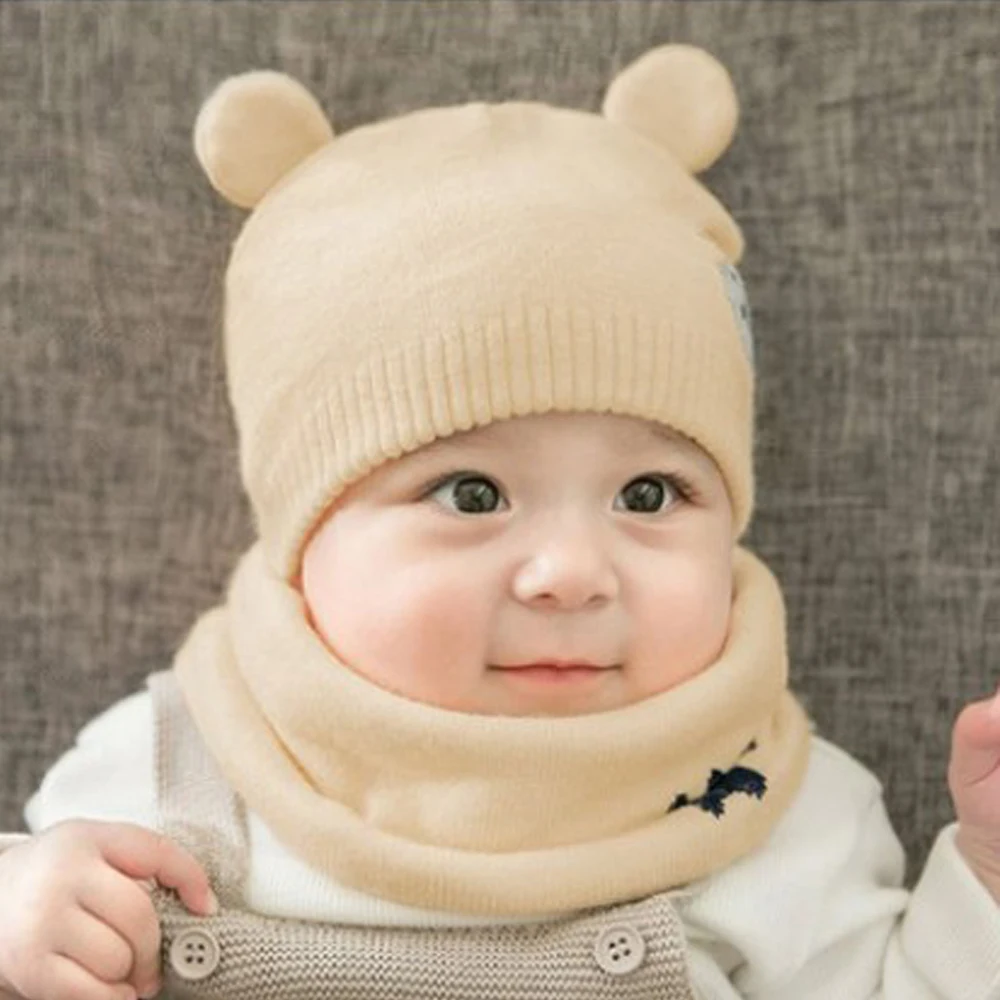 Милые детские теплые, зимние, Вязаные Шерстяная Круглая Шапочка шапка шейный платок лыжный Кепки для мальчиков и девочек