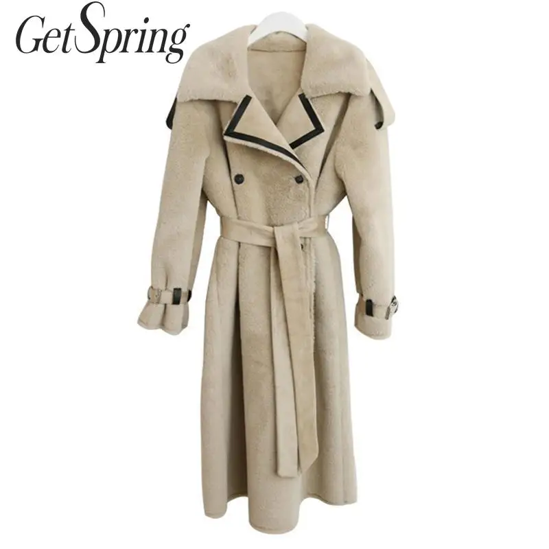 

GetSpring Women Coat Winter Long Sleeve Double Breasted Lamb Shearling Coat Temperament Womens Jacket Winter Long Overcoat 2019
