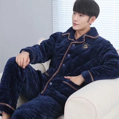 

MEN'S Wear Three Layer Thick Warm Coral Velvet Quilted Pajamas Tops Winter Flannel Cotton-padded Clothes One-Piece Cotton-padded